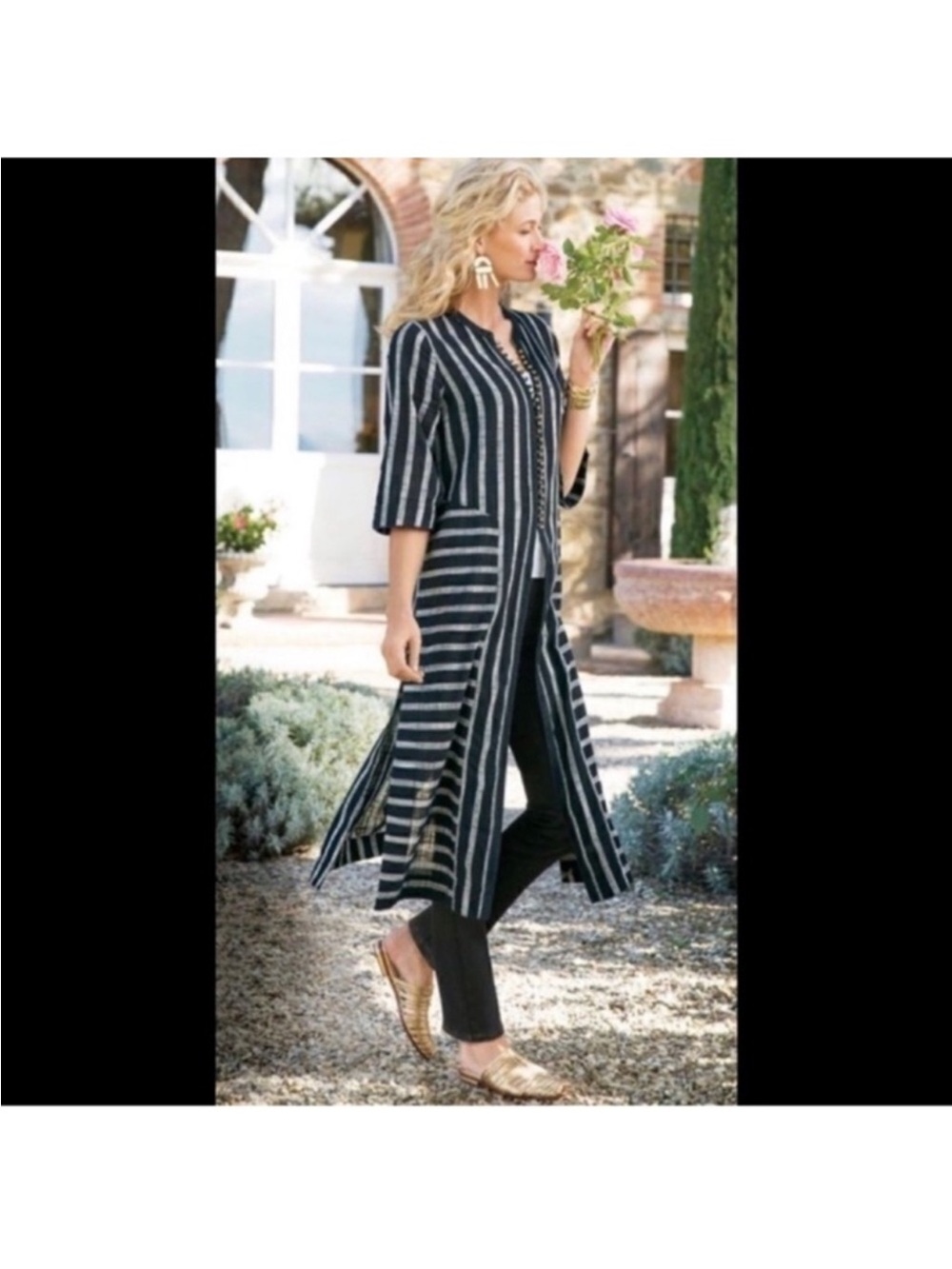 Soft Surroundings Striped Kaftan Moroccan Topper Duster Sz L Boho Coverup Tunic